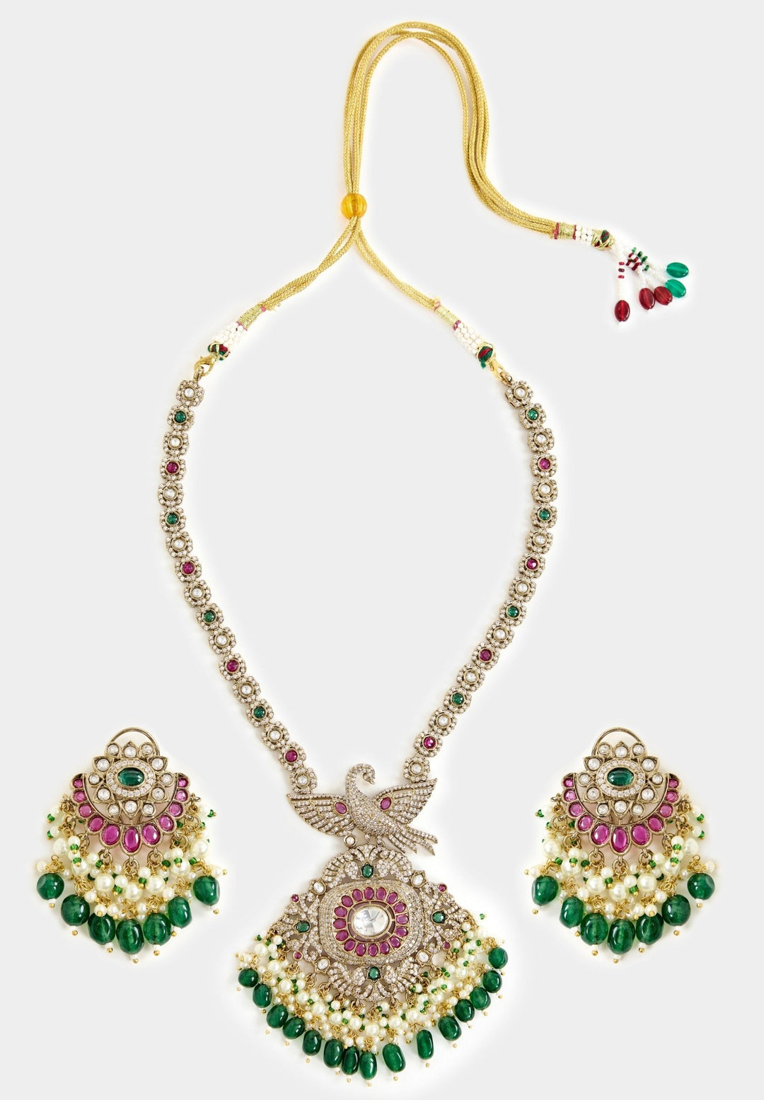 Green And White Stone Gold Plated Long Necklace Set Vivinia By Vidhi Mehra - Fabilicious Fashion