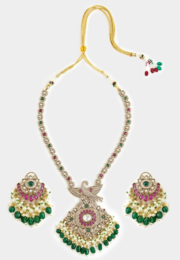 Green And White Stone Gold Plated Long Necklace Set Vivinia By Vidhi Mehra - Fabilicious Fashion