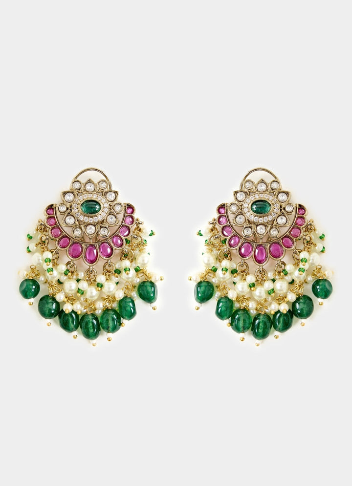 Green And White Stone Gold Plated Long Necklace Set Vivinia By Vidhi Mehra - Fabilicious Fashion