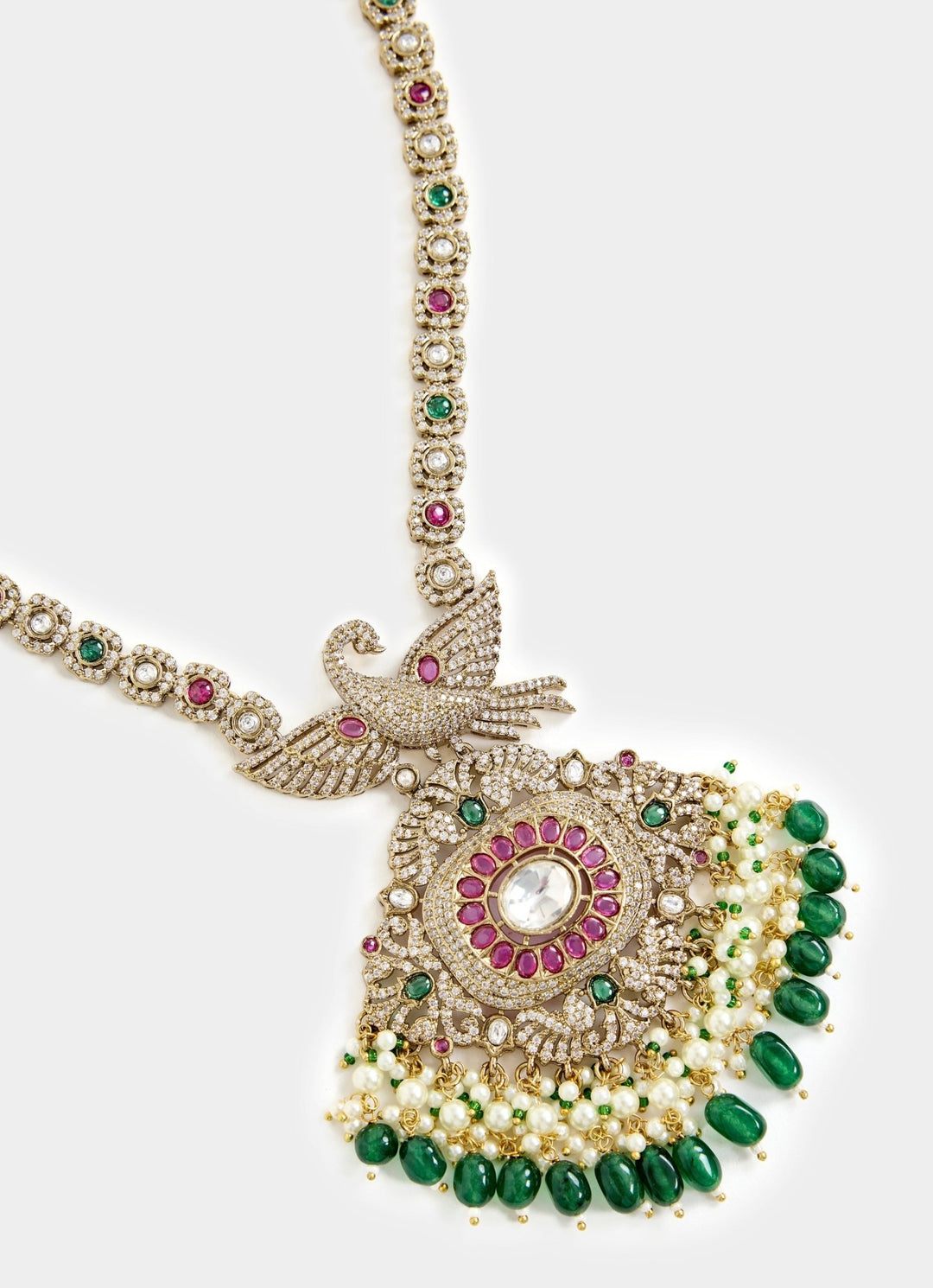 Green And White Stone Gold Plated Long Necklace Set Vivinia By Vidhi Mehra - Fabilicious Fashion