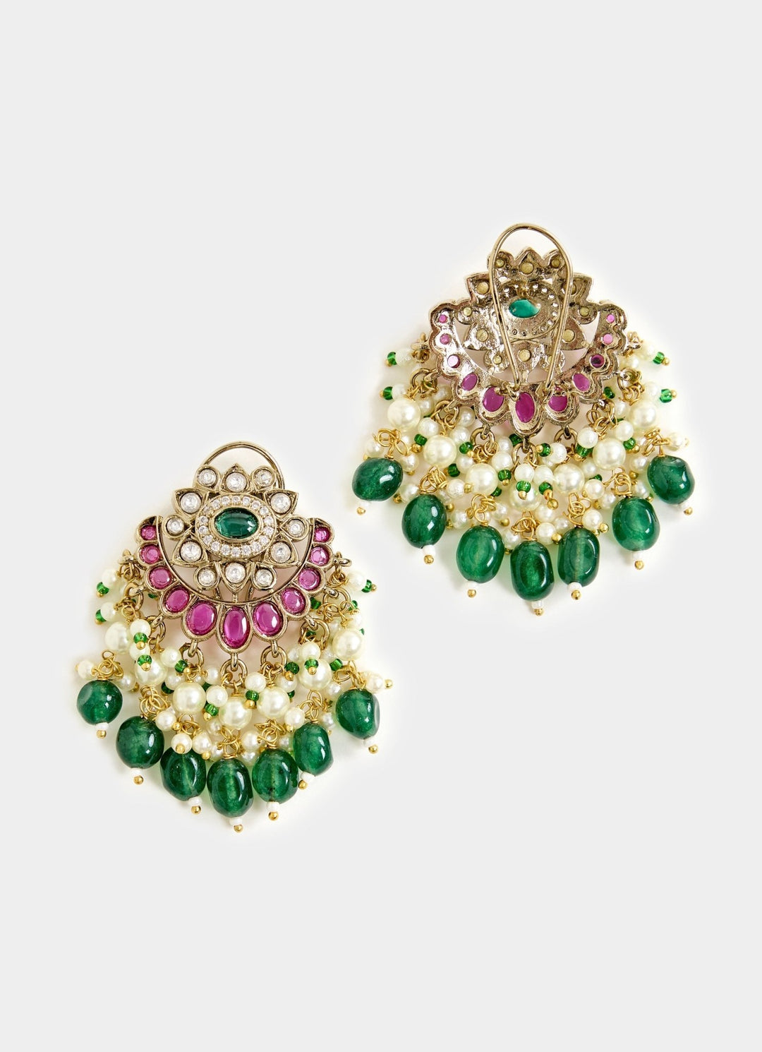 Green And White Stone Gold Plated Long Necklace Set Vivinia By Vidhi Mehra - Fabilicious Fashion