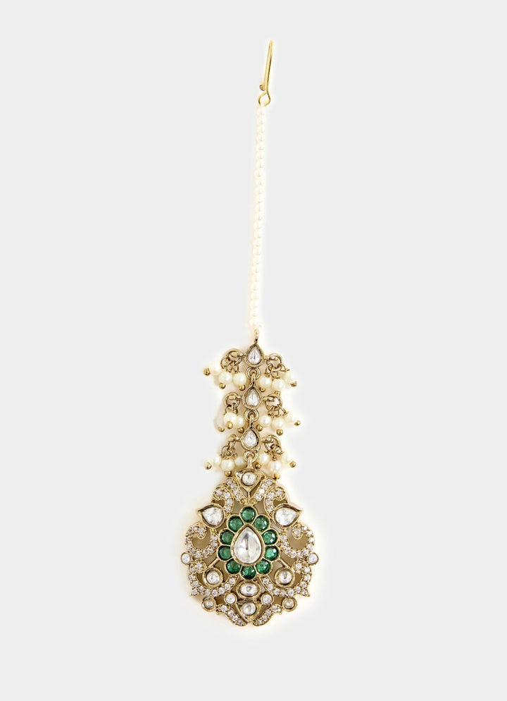 Green And White Stone Gold Plated Long Necklace Set Vivinia By Vidhi Mehra - Fabilicious Fashion