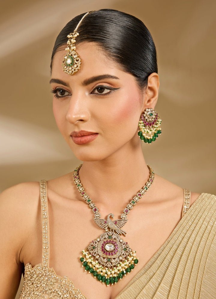 Green And White Stone Gold Plated Long Necklace Set Vivinia By Vidhi Mehra - Fabilicious Fashion