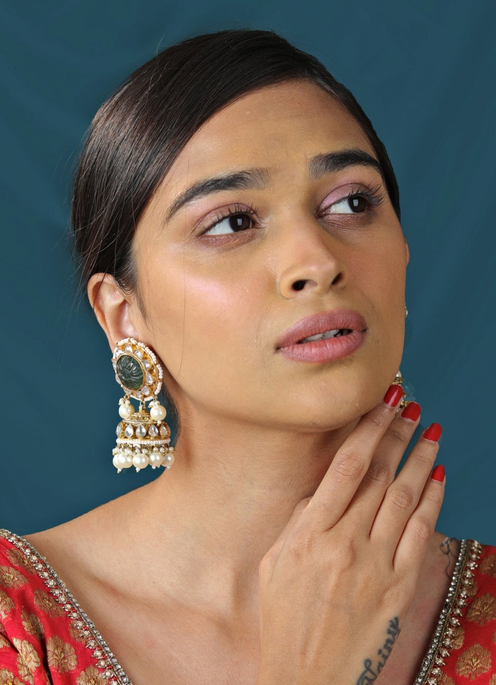 Green and White Stone Jhumka Earrings Riana by Shikha Jindal - Fabilicious Fashion