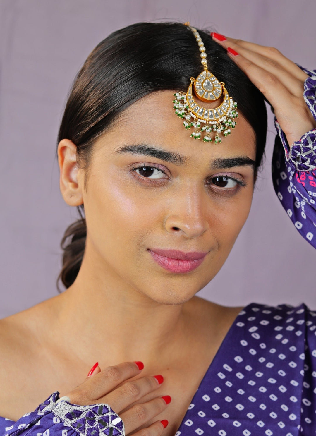 Green and White Stone Maang Tikka Riana by Shikha Jindal - Fabilicious Fashion