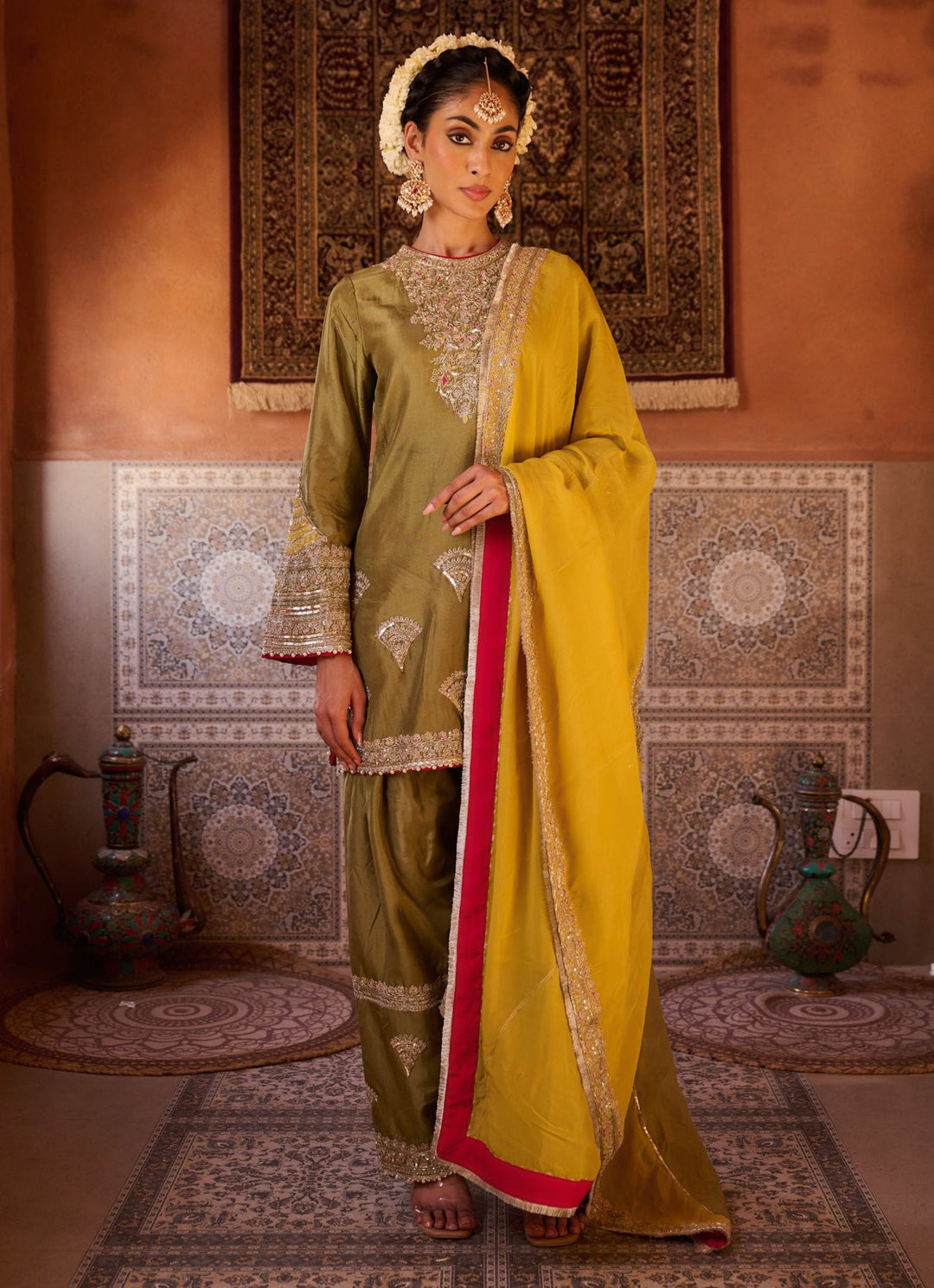 Green And Yellow Kurta Salwar Set KAPDA DORI - Fabilicious Fashion