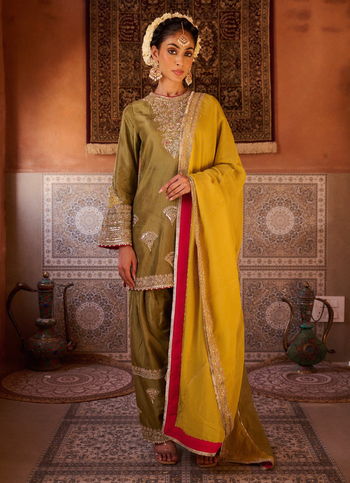 Green And Yellow Kurta Salwar Set KAPDA DORI - Fabilicious Fashion