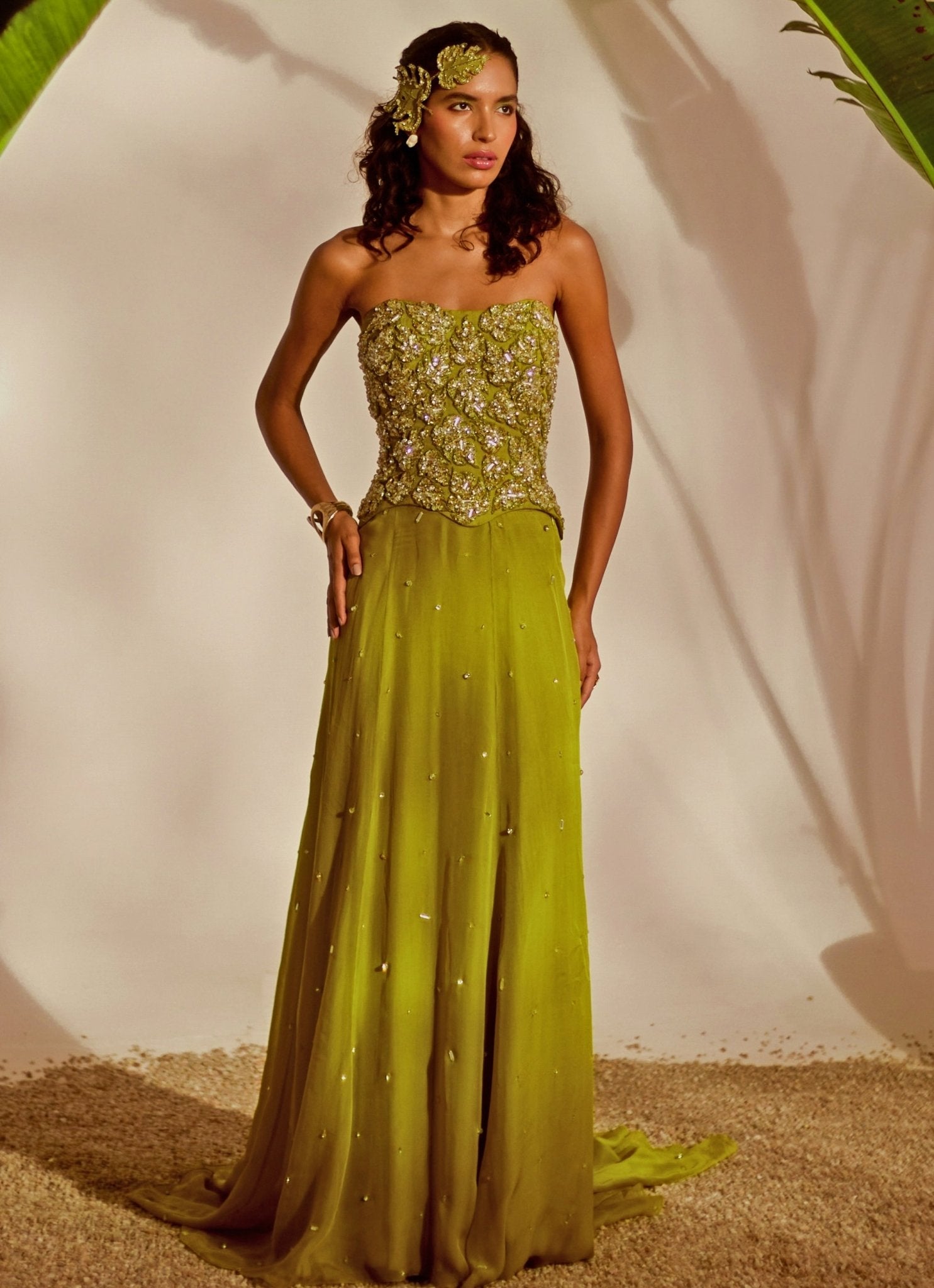 Silky Bindra green applique corset skirt set — indo western trends 2026 festive wear