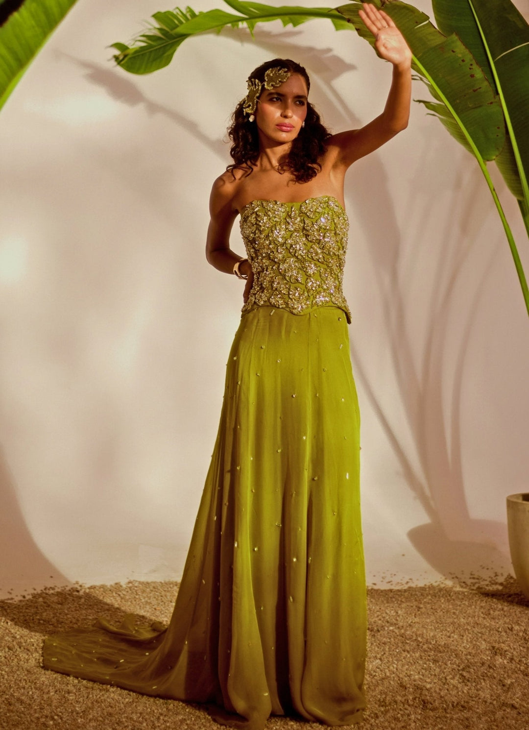 Green Appliqué Corset Skirt Set Silky Bindra - Fabilicious Fashion