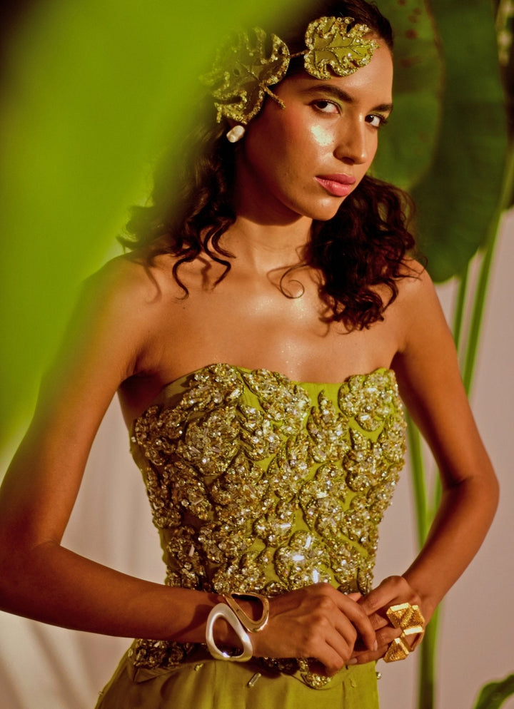 Green Appliqué Corset Skirt Set Silky Bindra - Fabilicious Fashion