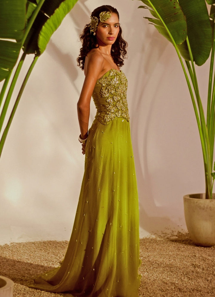 Green Appliqué Corset Skirt Set Silky Bindra - Fabilicious Fashion