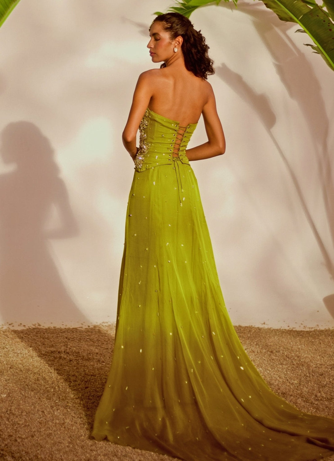 Green Appliqué Corset Skirt Set Silky Bindra - Fabilicious Fashion