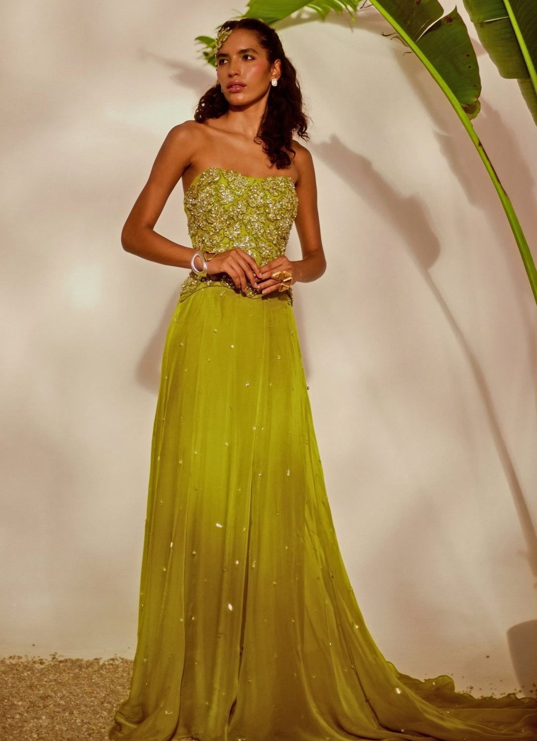 Green Appliqué Corset Skirt Set Silky Bindra - Fabilicious Fashion