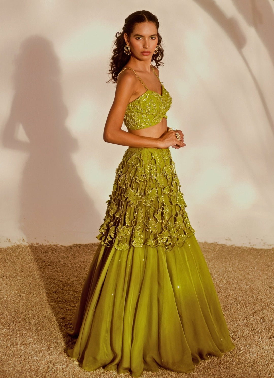 Green Appliqué Embroidered Lehenga Set Silky Bindra - Fabilicious Fashion