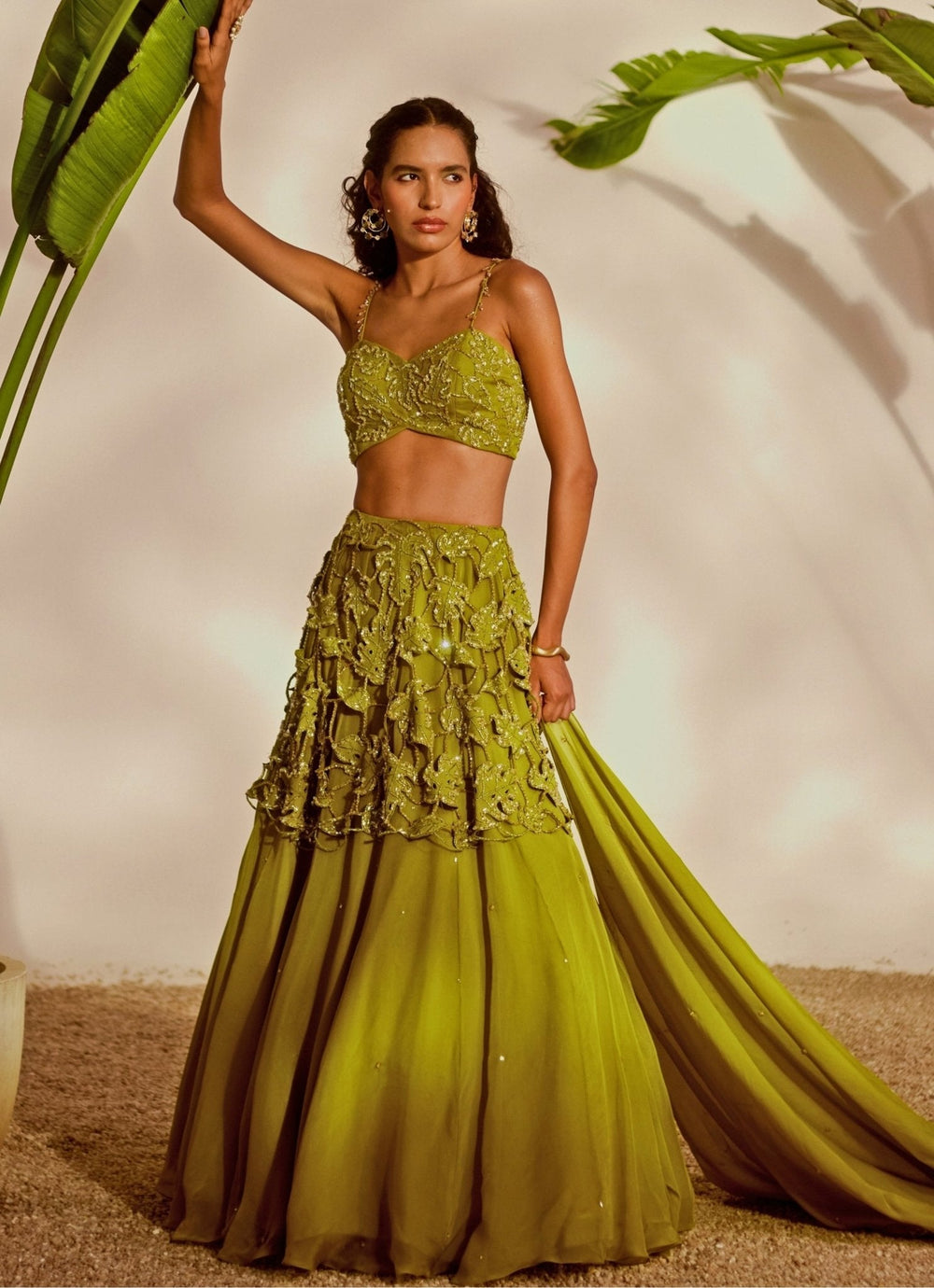Green Appliqué Embroidered Lehenga Set Silky Bindra - Fabilicious Fashion
