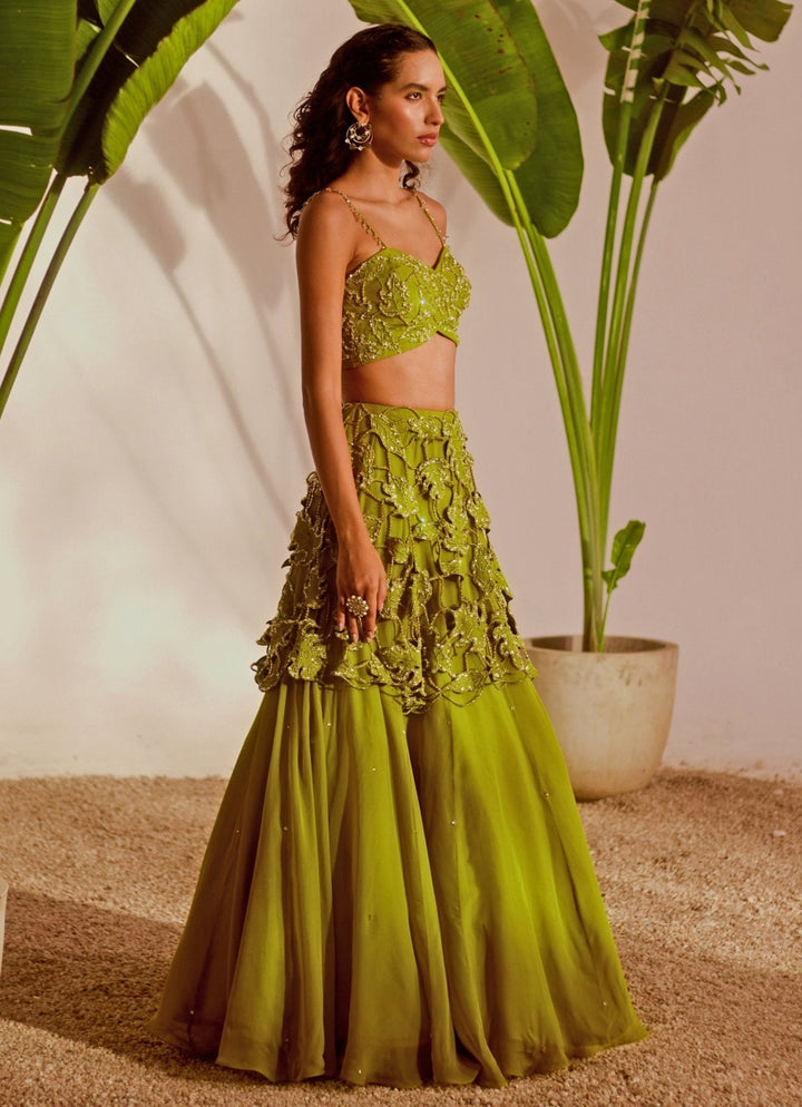 Green Appliqué Embroidered Lehenga Set Silky Bindra - Fabilicious Fashion