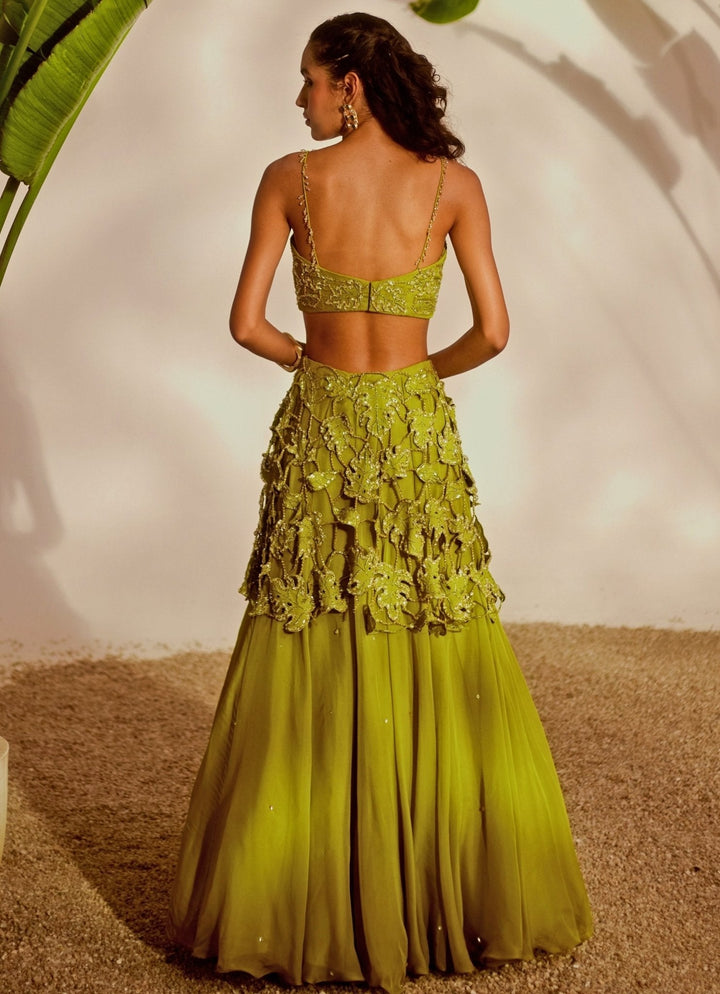 Green Appliqué Embroidered Lehenga Set Silky Bindra - Fabilicious Fashion