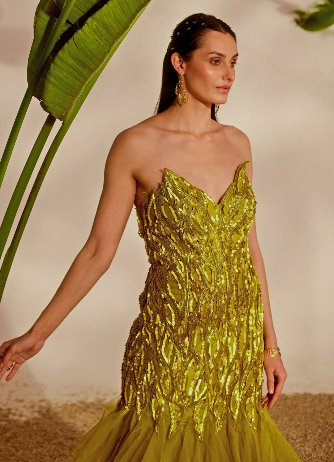 Green Appliqué Embroidered Mermaid Gown Silky Bindra - Fabilicious Fashion
