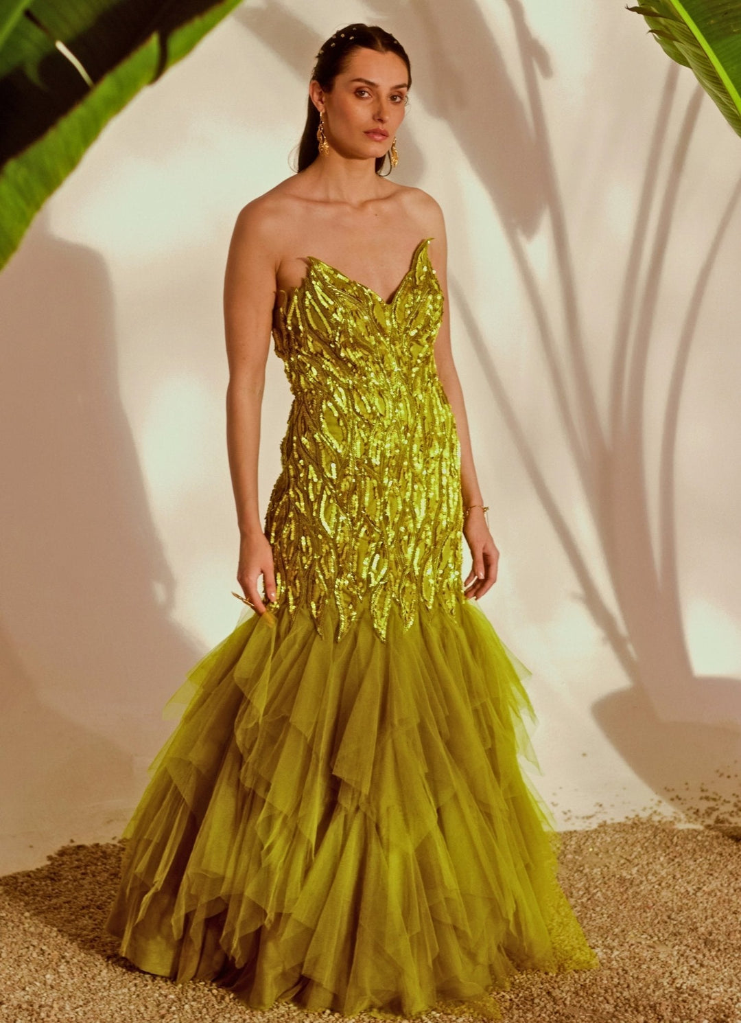 Green Appliqué Embroidered Mermaid Gown Silky Bindra - Fabilicious Fashion