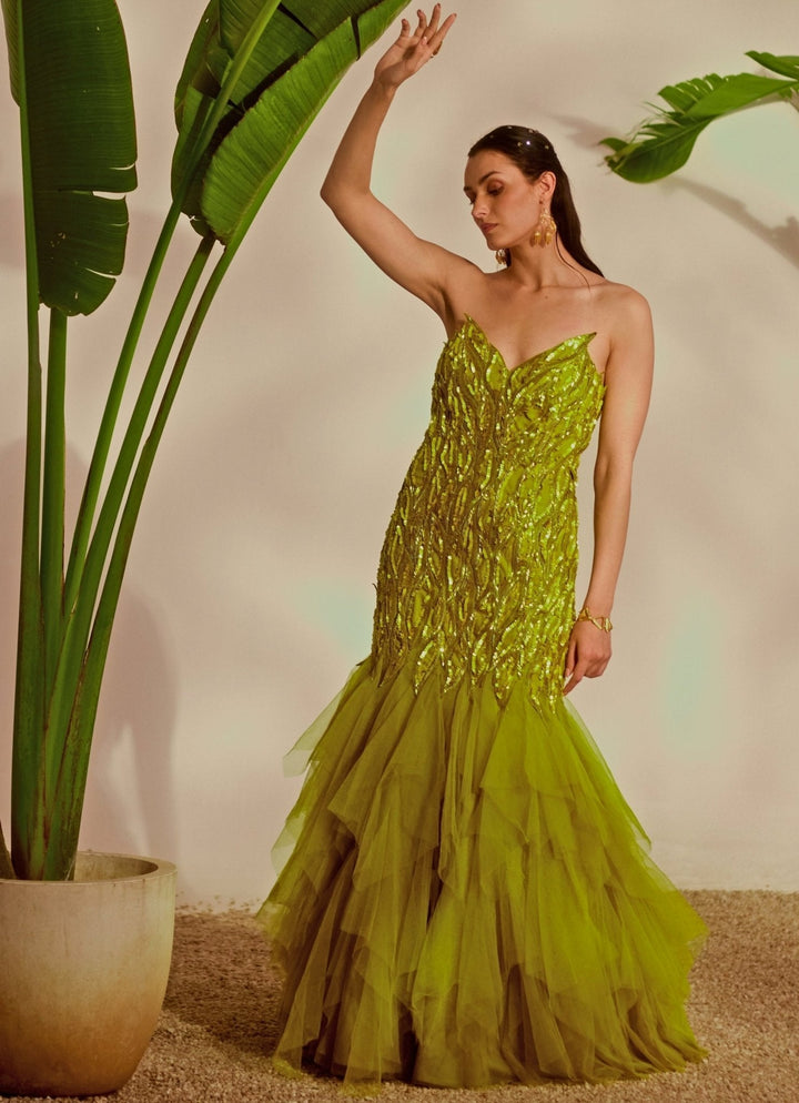 Green Appliqué Embroidered Mermaid Gown Silky Bindra - Fabilicious Fashion