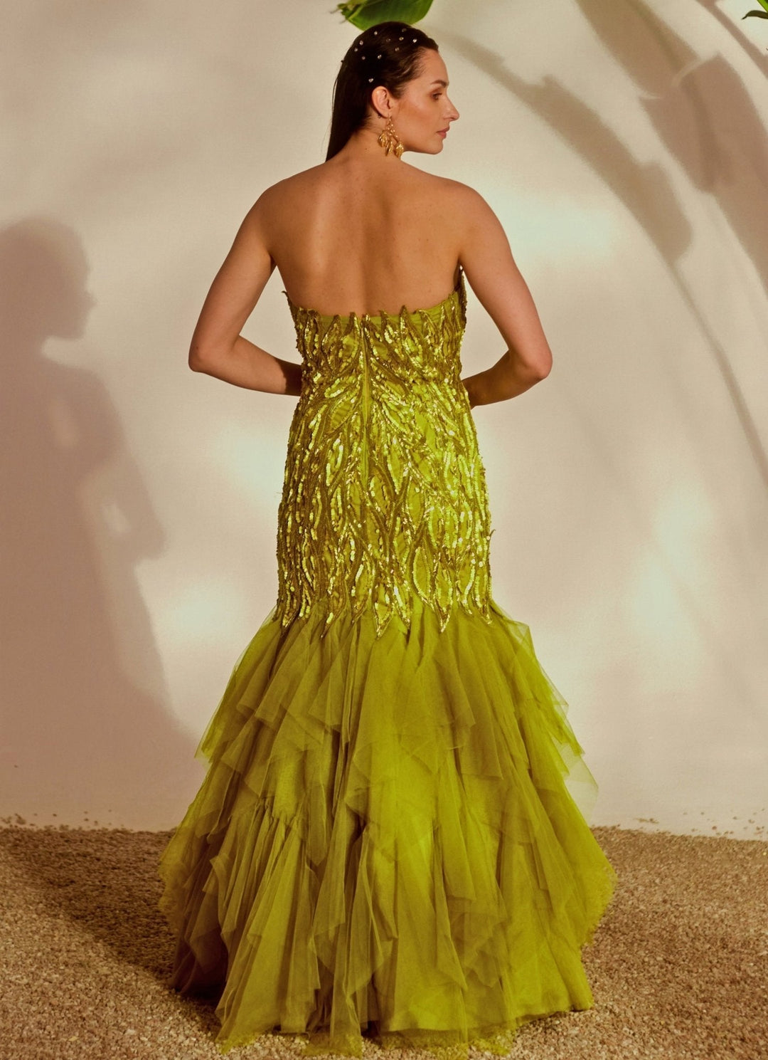 Green Appliqué Embroidered Mermaid Gown Silky Bindra - Fabilicious Fashion