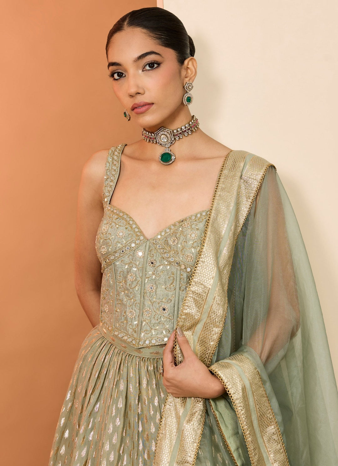 Green Banarasi Chanderi Corset Lehenga Set Neha Khullar - Fabilicious Fashion