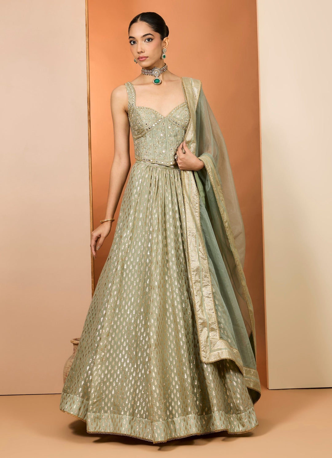 Green Banarasi Chanderi Corset Lehenga Set Neha Khullar - Fabilicious Fashion