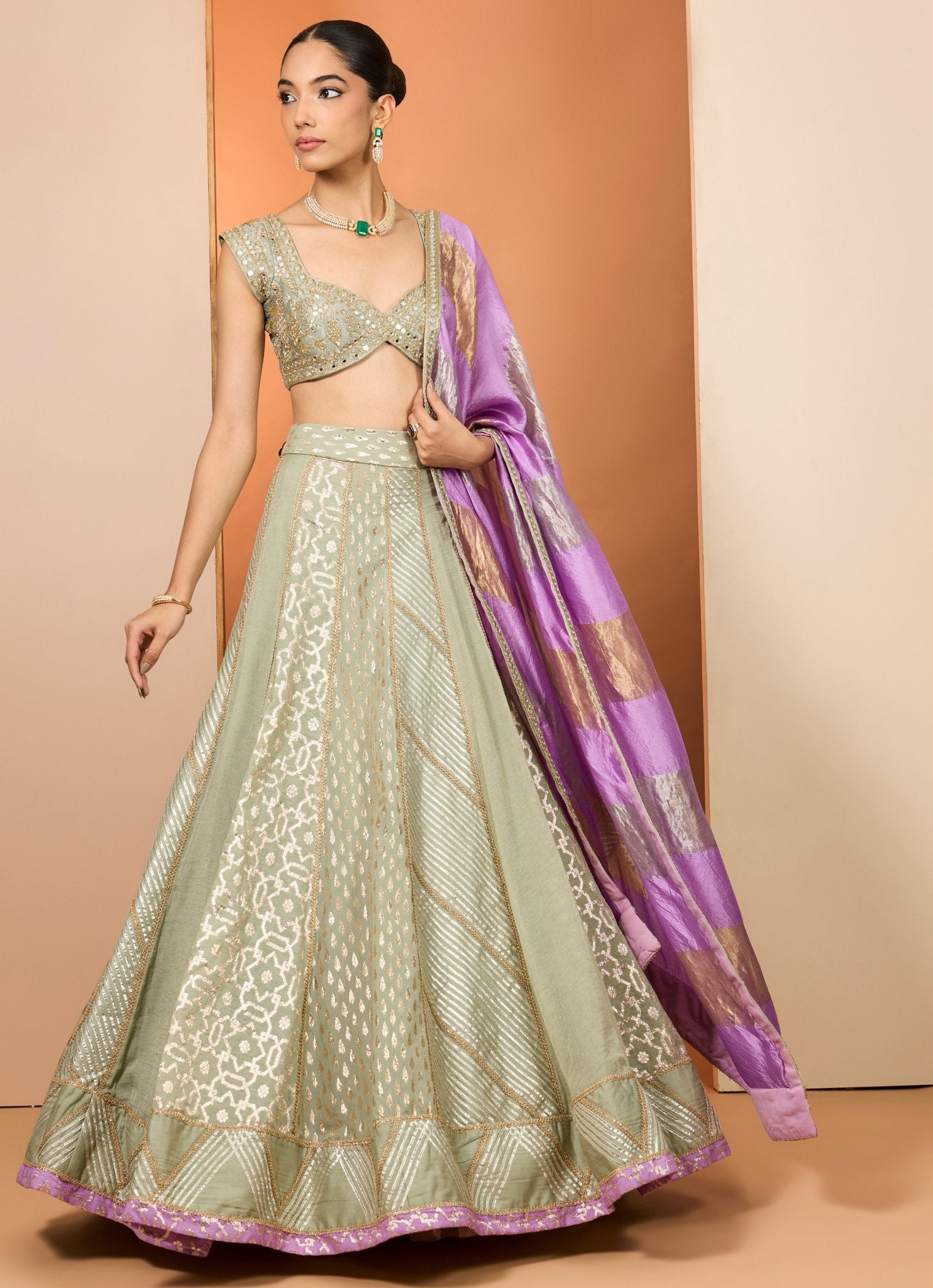 Green Banarasi chanderi lehenga for mehendi London by Neha Khullar