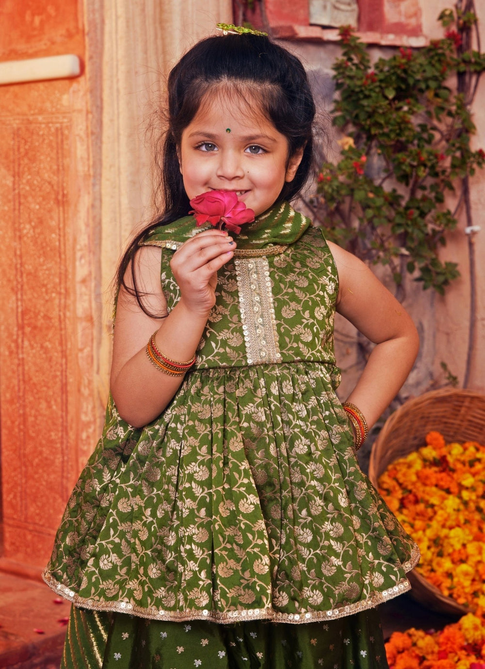 Green Banarasi Silk Peplum Palazzo Set Chotibuti - Fabilicious Fashion