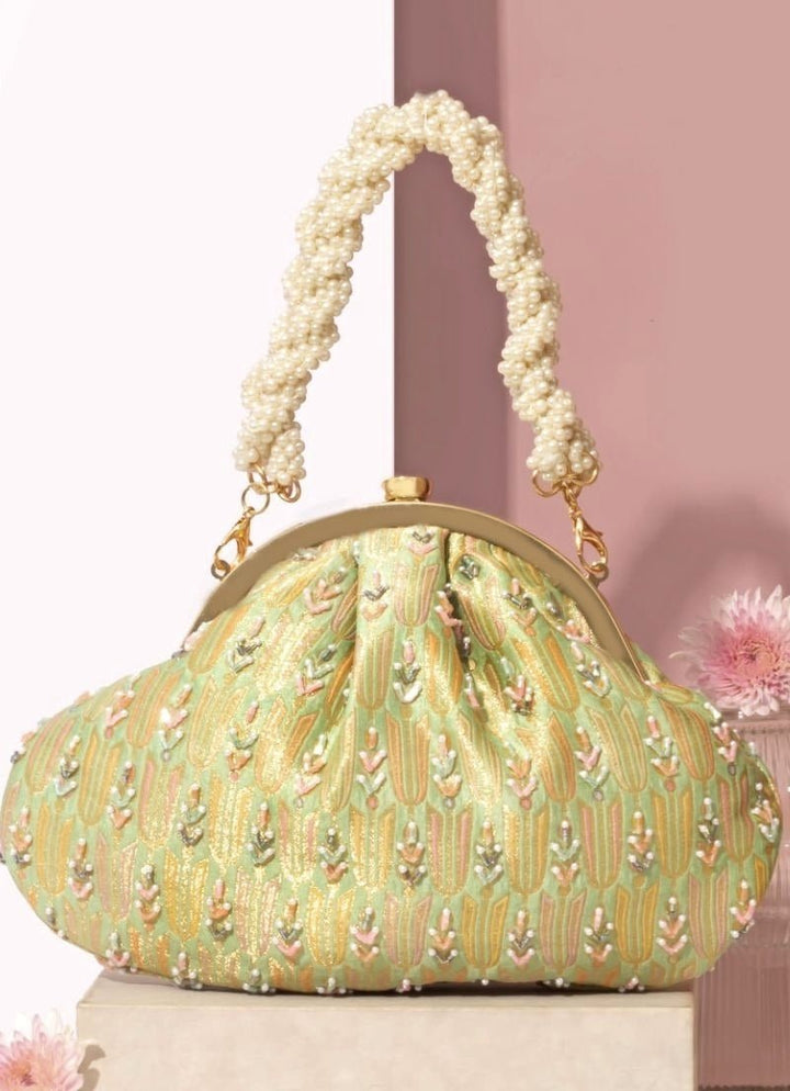 Green Banarasi Silk Vintage Purse Amyra - Fabilicious Fashion