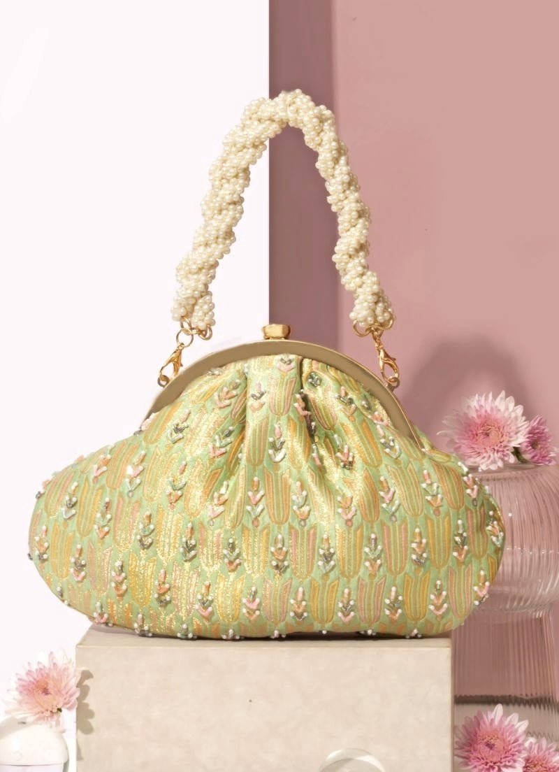 Green Banarasi Silk Vintage Purse Amyra - Fabilicious Fashion