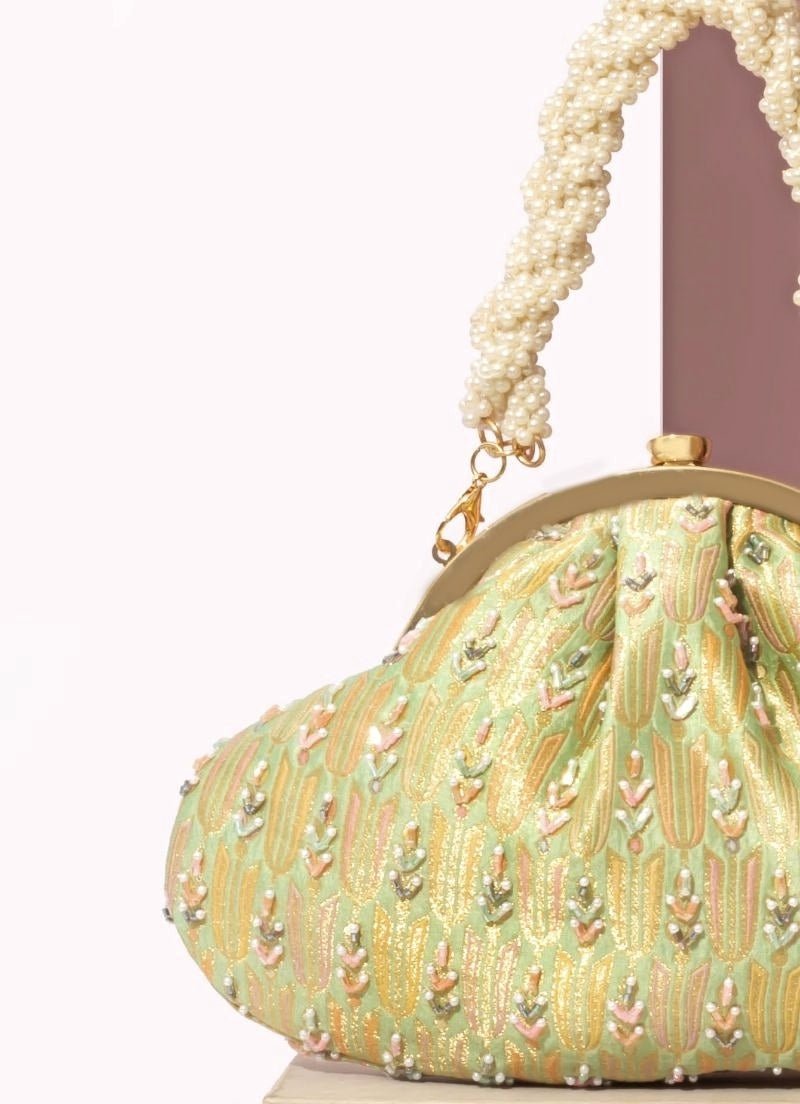 Green Banarasi Silk Vintage Purse Amyra - Fabilicious Fashion