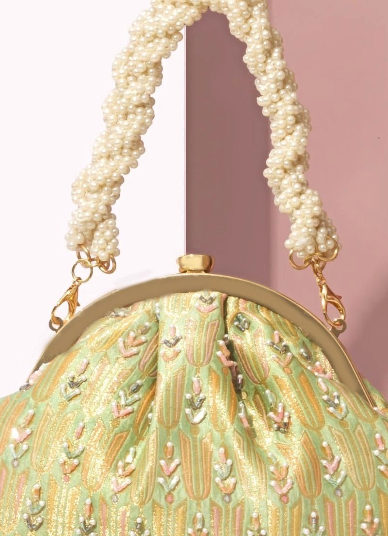 Green Banarasi Silk Vintage Purse Amyra - Fabilicious Fashion