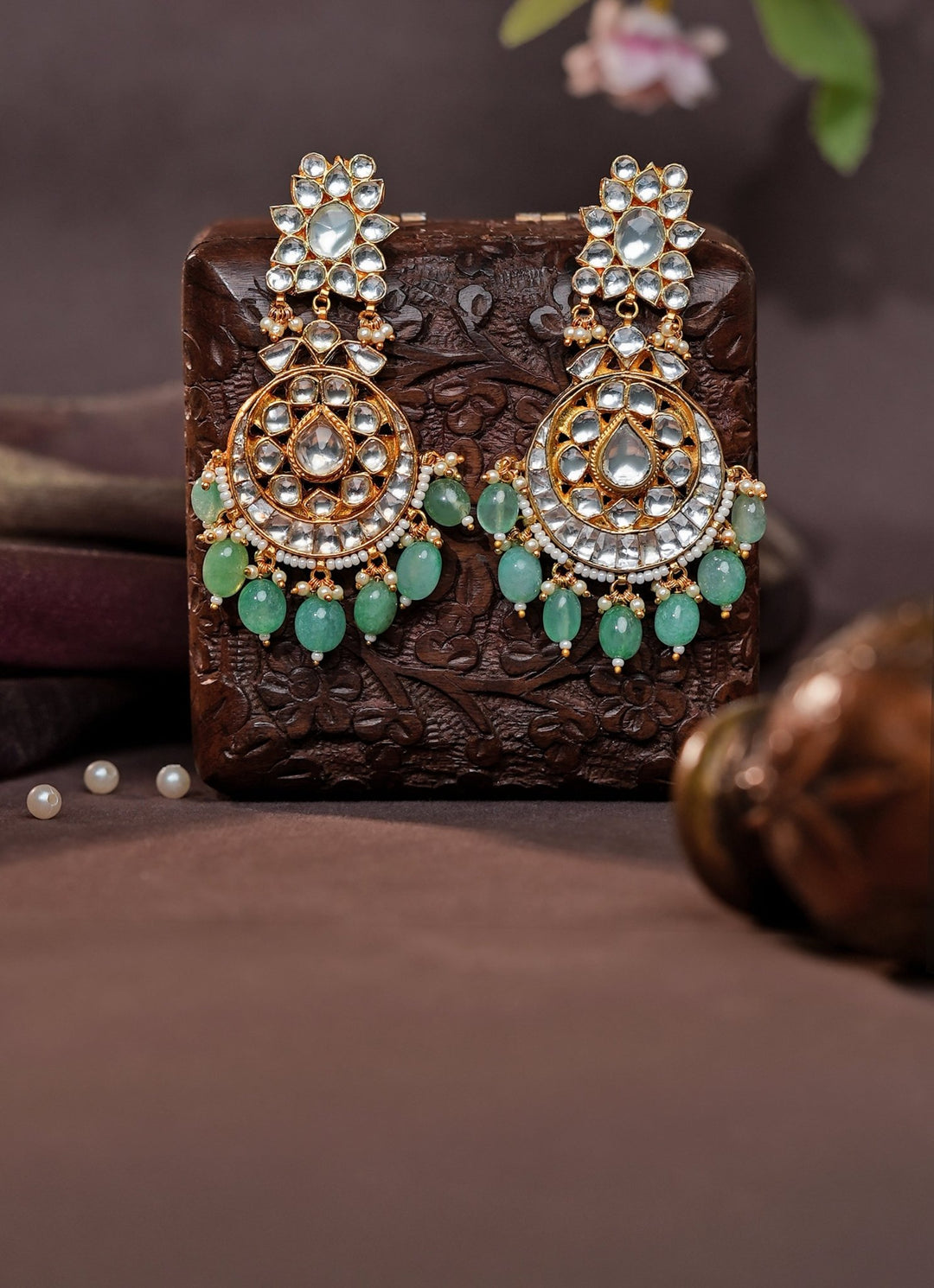 Riana Jewellery Green Bead Matte Gold Dangler EarringsFabilicious Fashion
