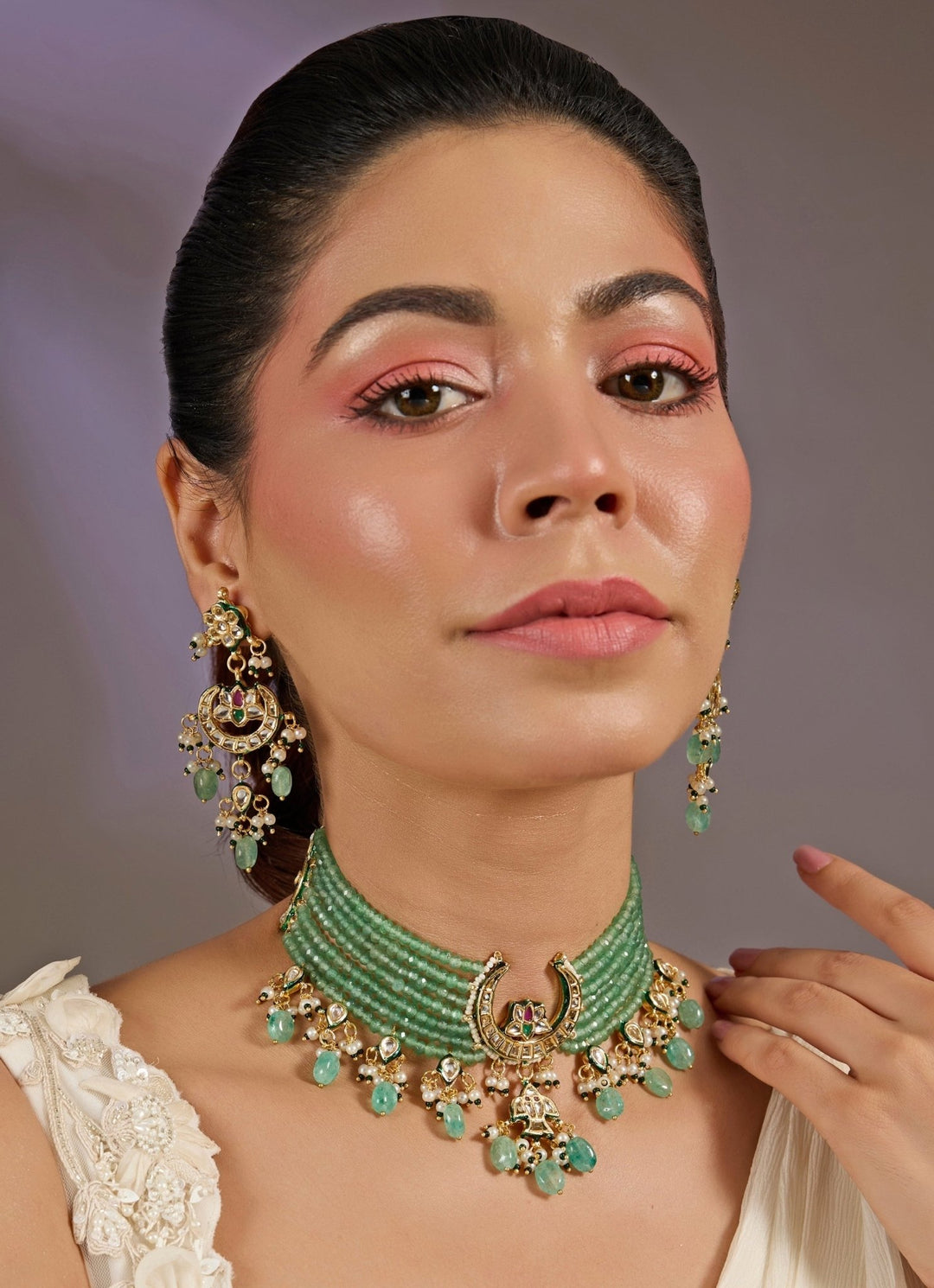 Green Beaded Kundan Choker Necklace Set Vivinia By Vidhi Mehra - Fabilicious Fashion