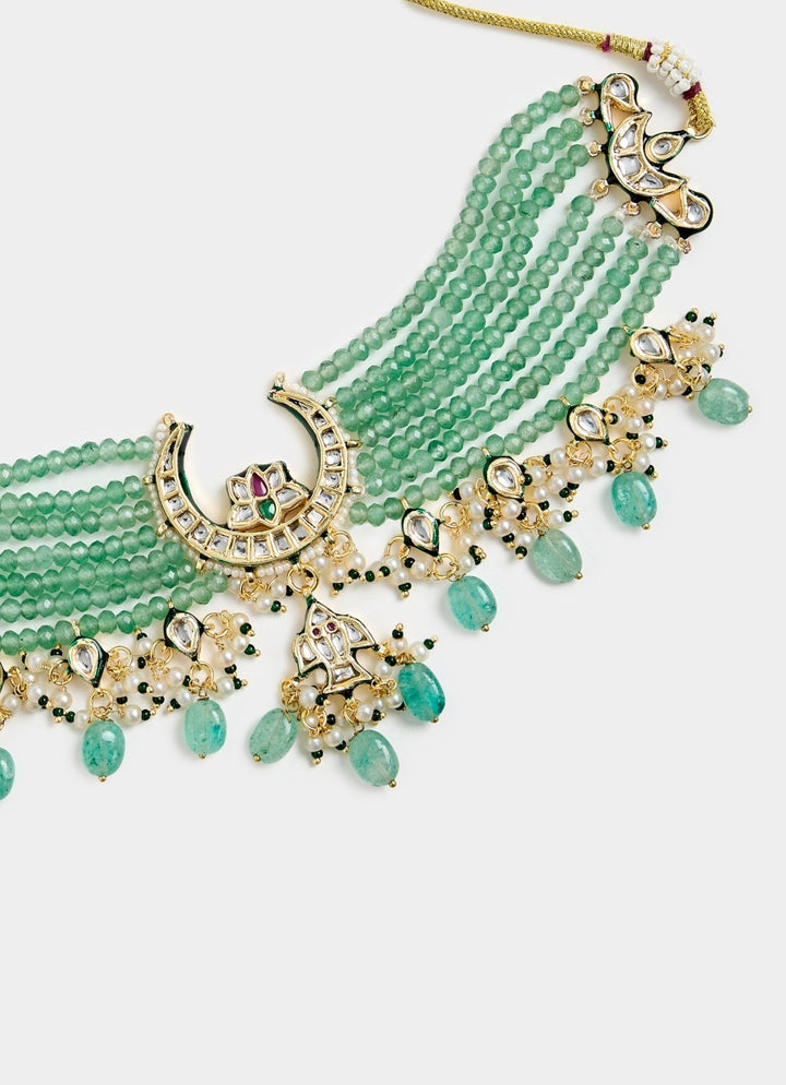 Green Beaded Kundan Choker Necklace Set Vivinia By Vidhi Mehra - Fabilicious Fashion