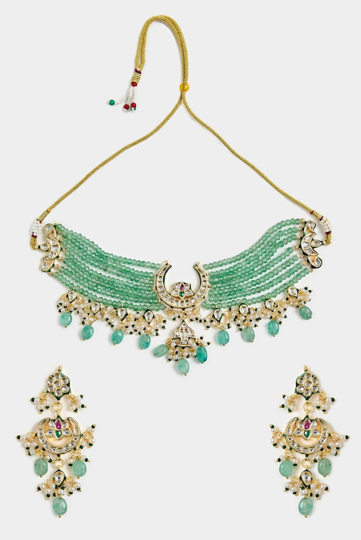 Green Beaded Kundan Choker Necklace Set Vivinia By Vidhi Mehra - Fabilicious Fashion