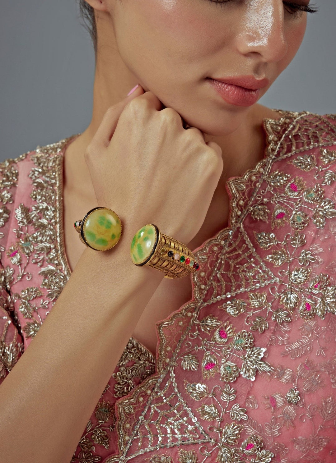 Green Beaded Kundan Cuff Style Kada Vivinia by Vidhi Mehra - Fabilicious Fashion