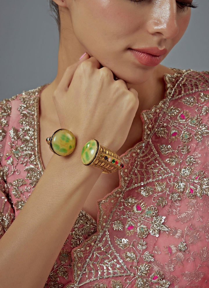 Green Beaded Kundan Cuff Style Kada Vivinia by Vidhi Mehra - Fabilicious Fashion