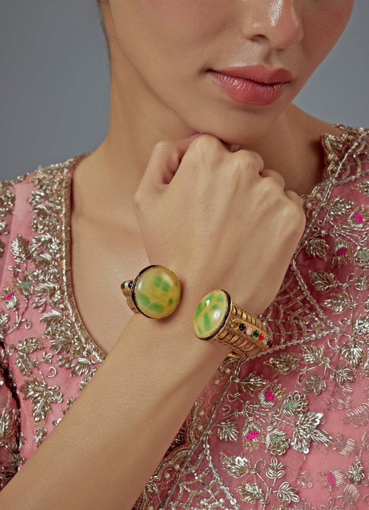 Green Beaded Kundan Cuff Style Kada Vivinia by Vidhi Mehra - Fabilicious Fashion