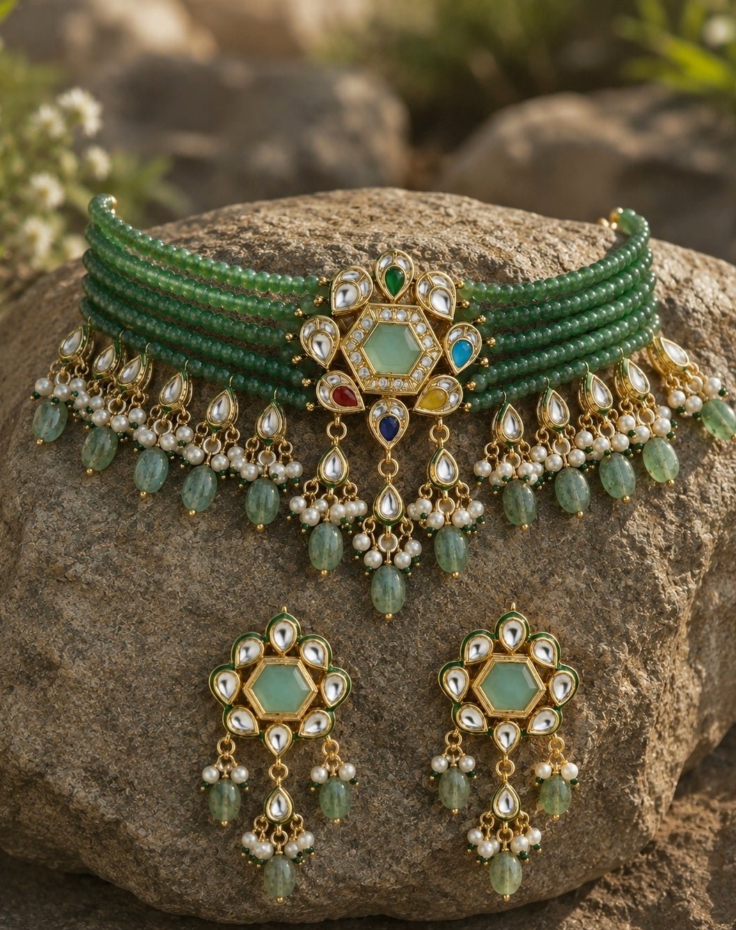 Vivinia By Vidhi Mehra Green Beaded Polki Choker SetFabilicious Fashion