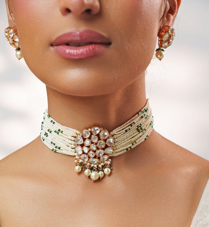 Green Beads And Polki Pearl Choker Set Zevar by Geeta - Fabilicious Fashion