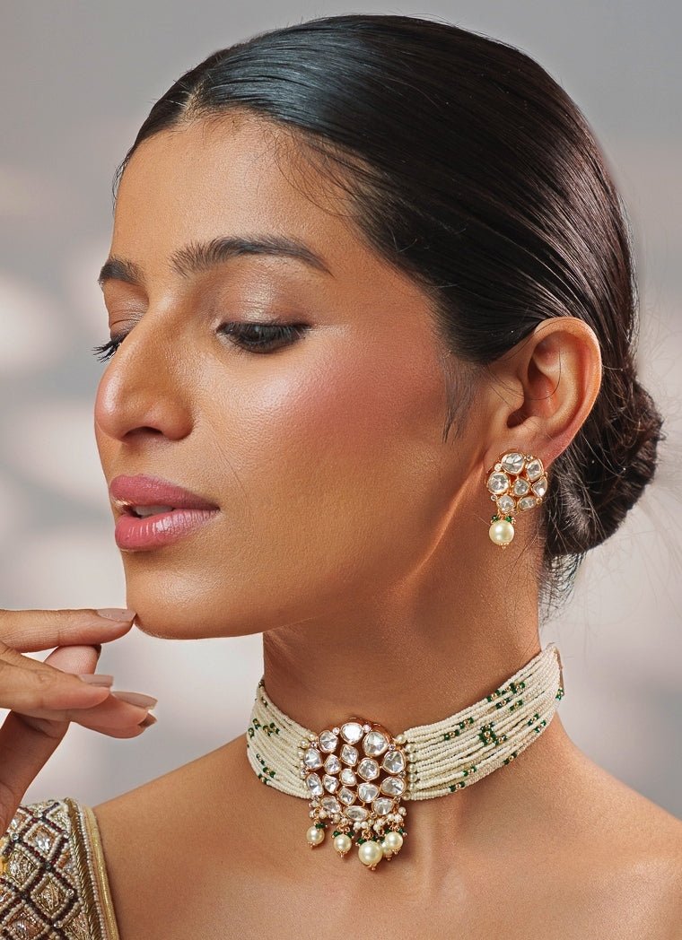 Green Beads And Polki Pearl Choker Set Zevar by Geeta - Fabilicious Fashion