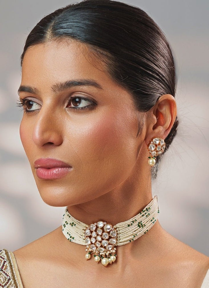Green Beads And Polki Pearl Choker Set Zevar by Geeta - Fabilicious Fashion