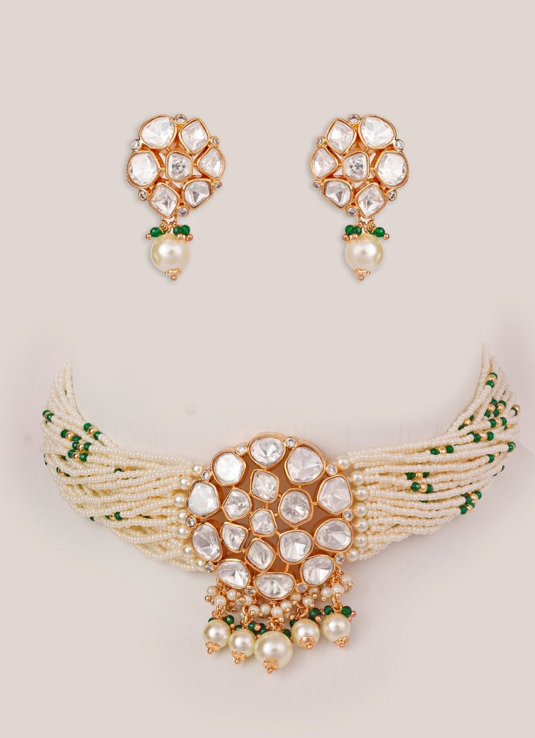 Green Beads And Polki Pearl Choker Set Zevar by Geeta - Fabilicious Fashion