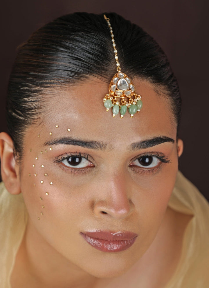 Green Beads Matte Gold Maangtikka Riana Jewellery - Fabilicious Fashion