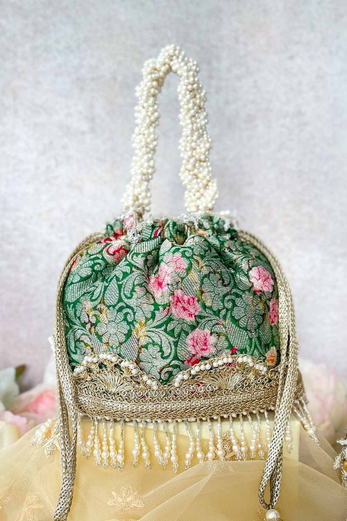 Green Brocade Bucket Bag AMYRA - Fabilicious Fashion