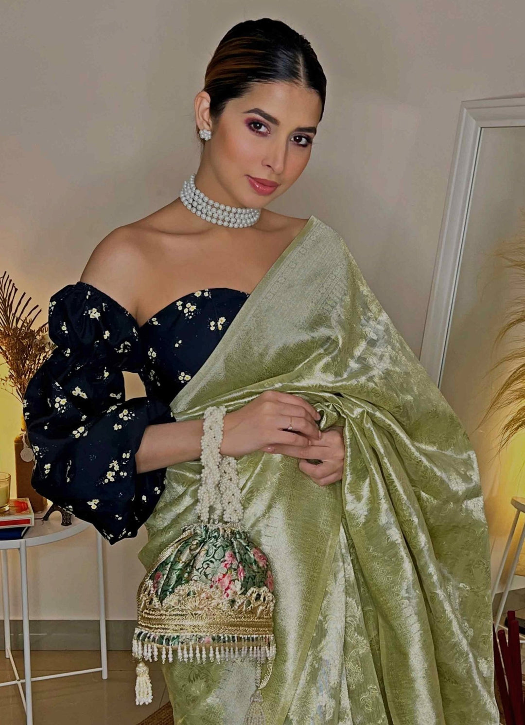 Green Brocade Bucket Bag AMYRA - Fabilicious Fashion