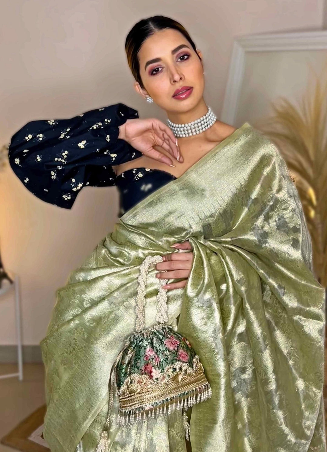 Green Brocade Bucket Bag AMYRA - Fabilicious Fashion