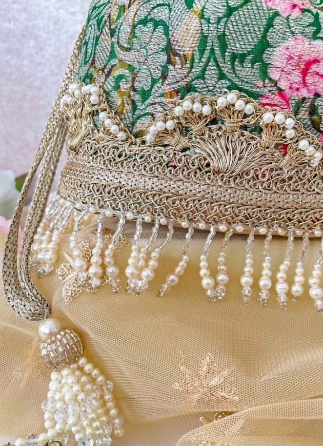 Green Brocade Bucket Bag AMYRA - Fabilicious Fashion